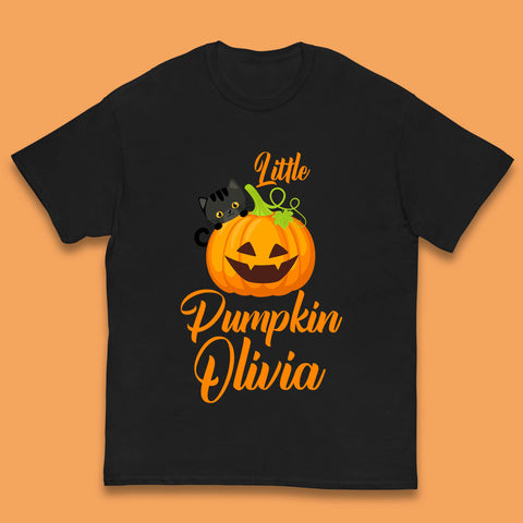 Personalised Little Pumpkin Your Name Black Cat Witch On Pumpkin Kids T Shirt