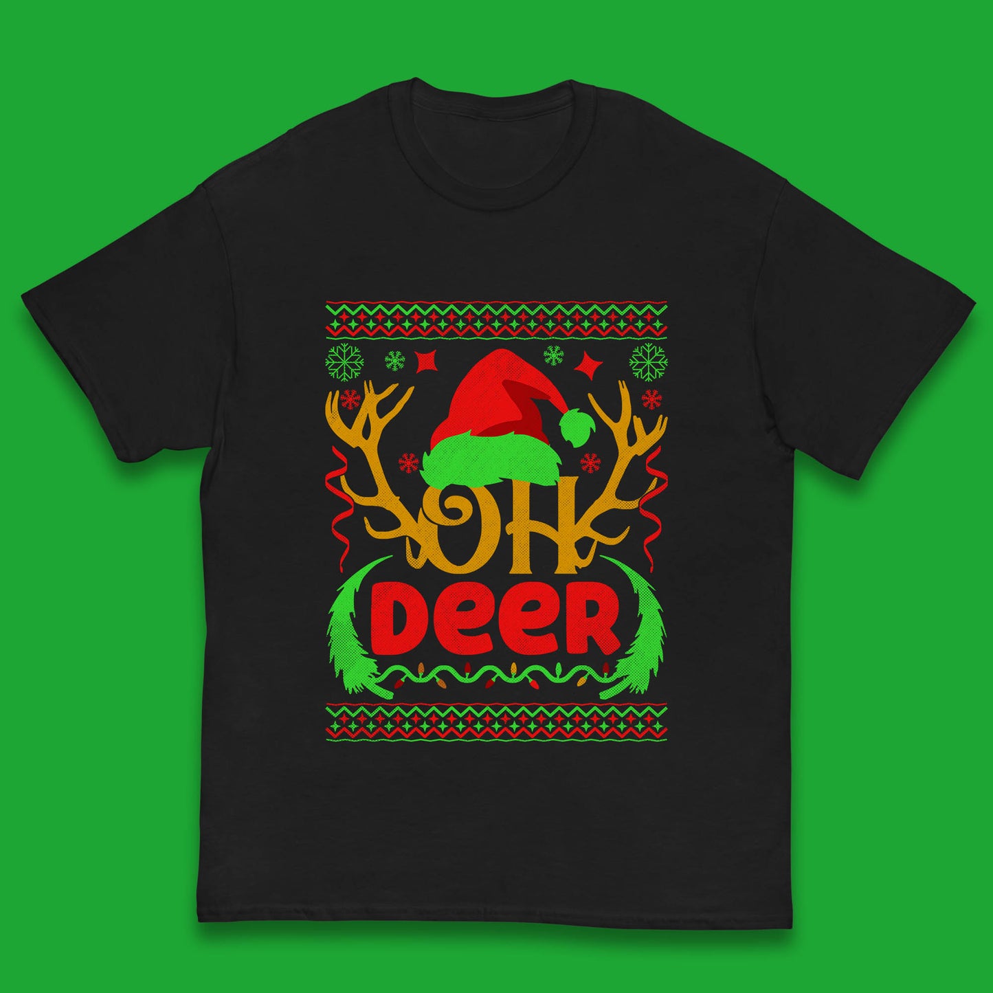 Oh Deer Merry Christmas Santa Hat Deer Antlers Funny Xmas Kids T Shirt