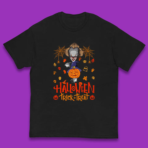 Halloween Trick Or Treat Witch Hat Pumpkin IT Pennywise Clown Horror Scary Movie Fictional Character Kids T Shirt