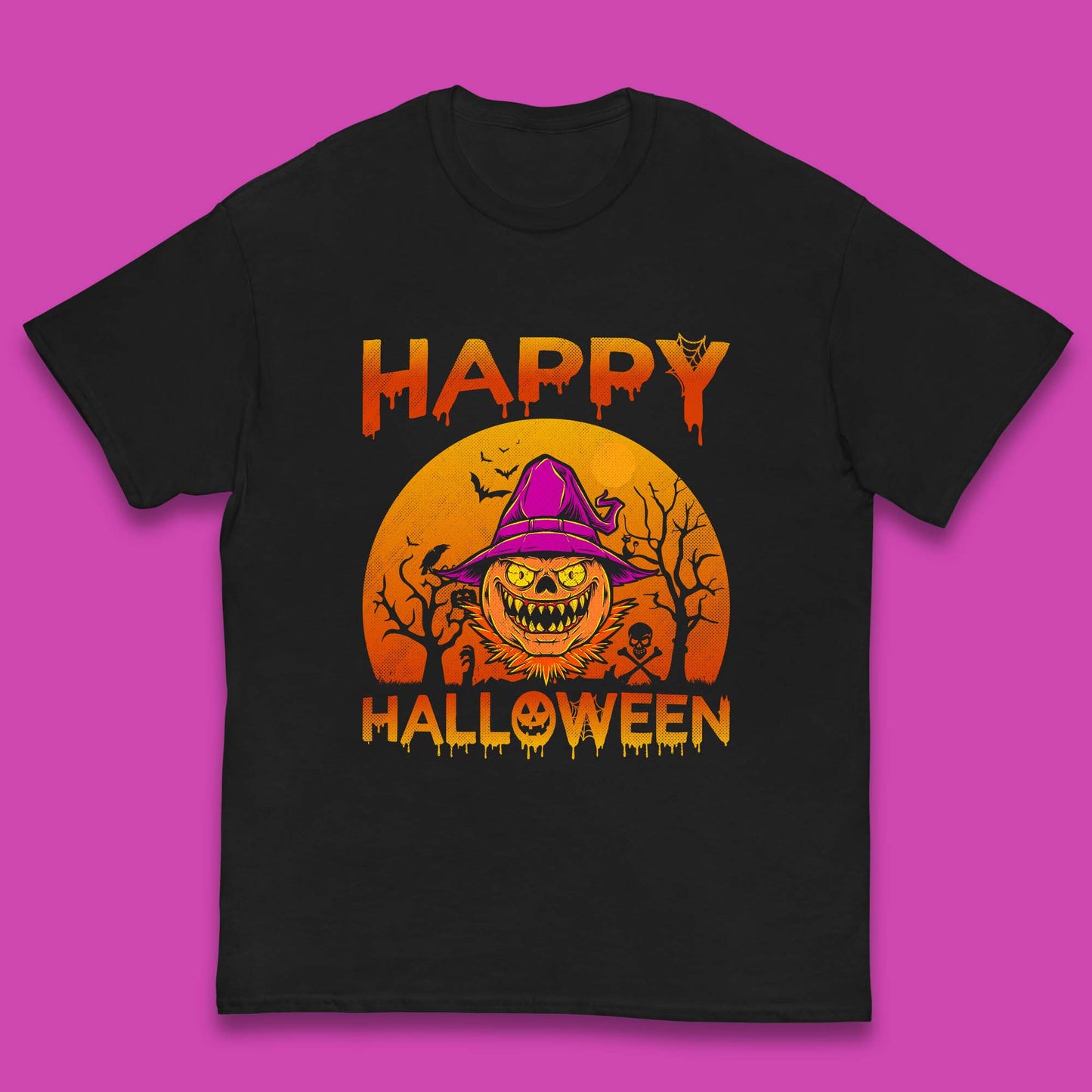 Happy Halloween Monster Pumpkin With Witch Hat Horror Scary Spooky Season Kids T Shirt