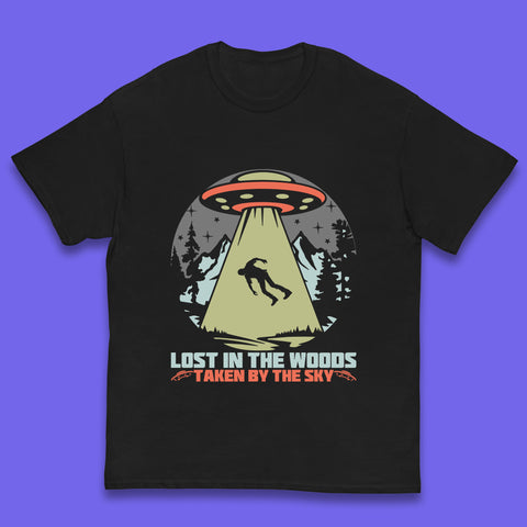Lost In The Woods Taken By Sky Bigfoot Funny Sasquatch Getting Abducted By Aliens Camping Kids T Shirt