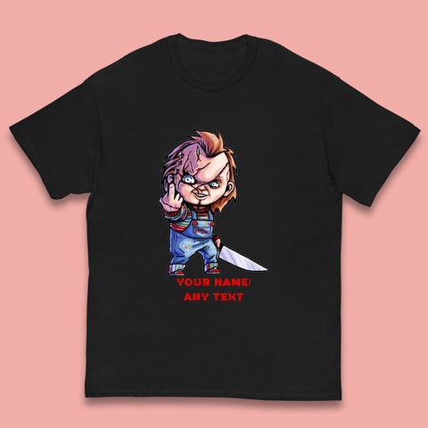 Personalised Chucky With Knife Your Name Or Text Halloween Horror Movie Character Kids T Shirt