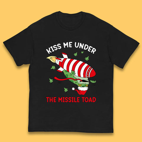 Kiss Me Under The Missile Toad Funny Christmas Holiday Joke Xmas Frog Santa Meme Kids T Shirt