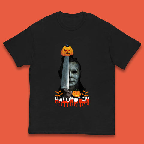 Halloween Michael Myers Holding Knife Pumpkin Horror Movie Character Serial Killer Kids T Shirt