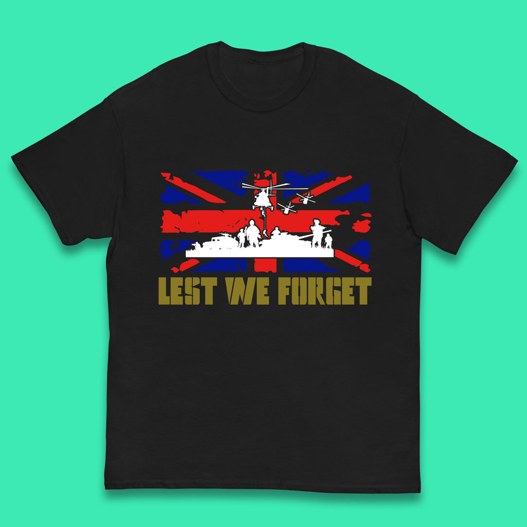 Lest We Forget Armed Forces Veterans Remembrance Day Uk Flag British War Soldiers Kids T Shirt