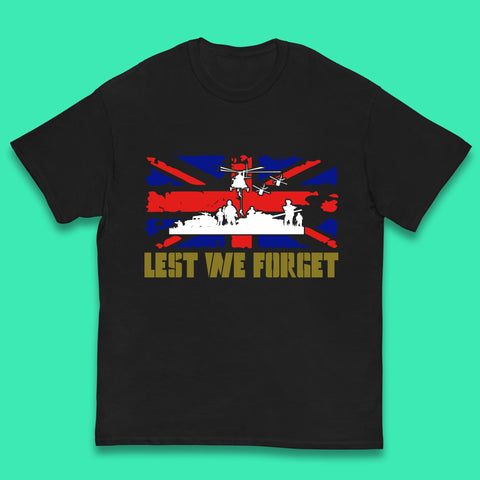Lest We Forget Armed Forces Veterans Remembrance Day Uk Flag British War Soldiers Kids T Shirt
