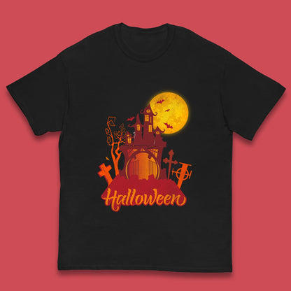 Halloween Lettering With Full Moon Scary Haunted House Flying Bats Horror Graveyard Kids T Shirt