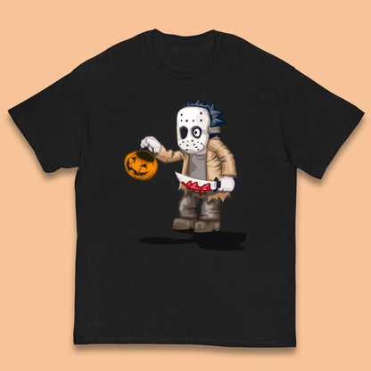 Chibi Jason Voorhees Holding Bloody Knife And Pumpkin Bucket Halloween Friday The 13th Horror Movie Kids T Shirt