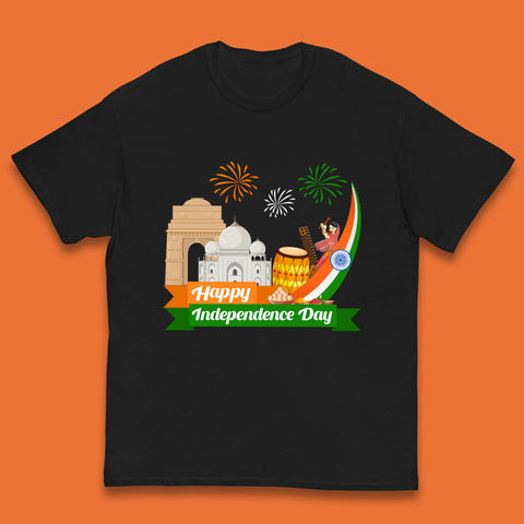 Happy India Independence Day 15th August Patriotic Indian Flag India Architectural Landmarks Kids T Shirt