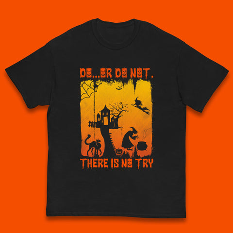 Do Or Do Not There Is No Try Halloween Tree House Flying Witch Scary Spooky Black Cat Kids T Shirt