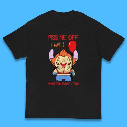 Piss Me Off I Will Make You Float, Too Halloween IT Pennywise Clown & Disney Stitch Movie Mashup Parody Kids T Shirt