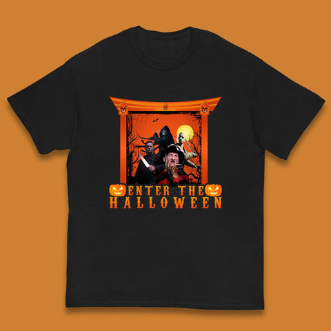 Enter The Halloween Horror Movie Characters Friends Halloween Villians Serial Killers Kids T Shirt