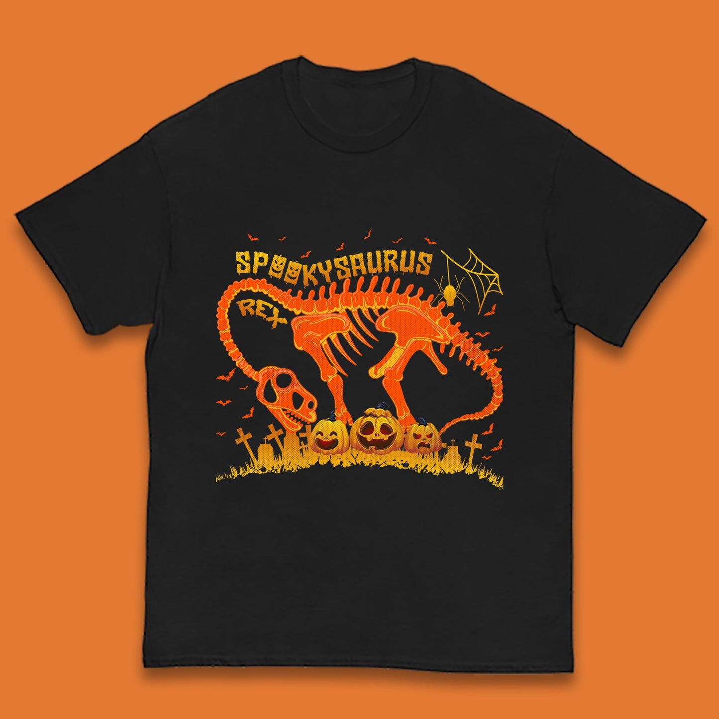 Spooky Saurus Rex Halloween Dinosaur T-Rex Skeleton With Scary Pumpkins Kids T Shirt