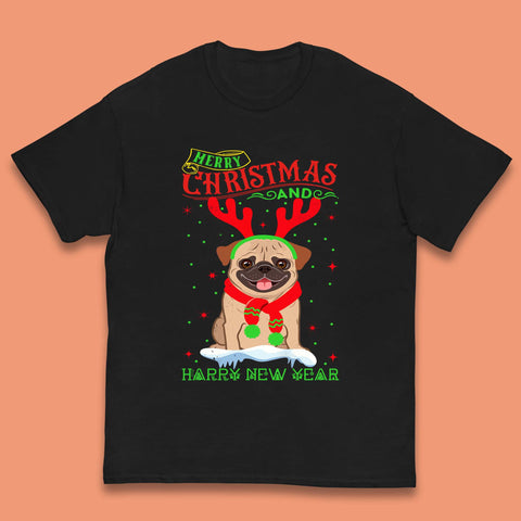 Merry Christmas And Happy New Year Pug Dog Wearing Red Scarf And Antlers Xmas Dog Lovers Kids T Shirt