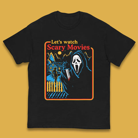 Let's Watch Scary Movies Screaming Ghostface Scream Watch Scary Halloween Kids T Shirt