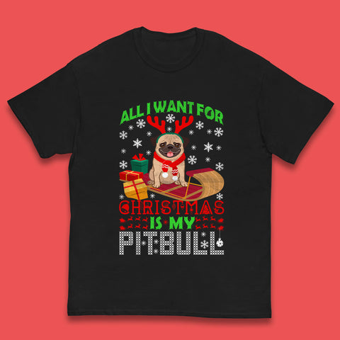 All I Want For Christmas Is My Pitbull Funny Dog With Reindeer Horns Ugly Xmas Kids T Shirt