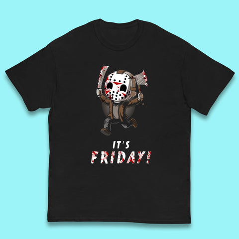 It's Friday Chibi Jason Voorhees Holding Bloody Knife & Bloody Axe Halloween Friday The 13th Horror Movie Kids T Shirt
