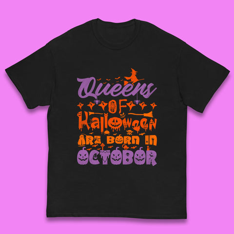 Queens Of Halloween Are Born In October Halloween Witch Birthday Party Kids T Shirt