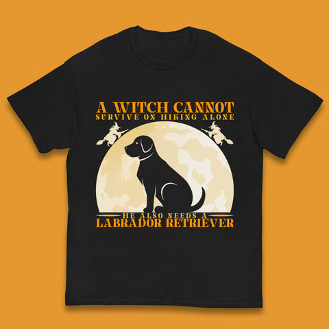 A Witch Cannot Survive On Hiking Alone He Also Needs A Labrador Retriever Halloween Vintage Witch Dog Kids T Shirt