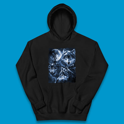 Wolf Family Howling 3 Wolf Moon Wild Free Wolves Three Gray Wolf Dog Animal The Mountain Kids Hoodie