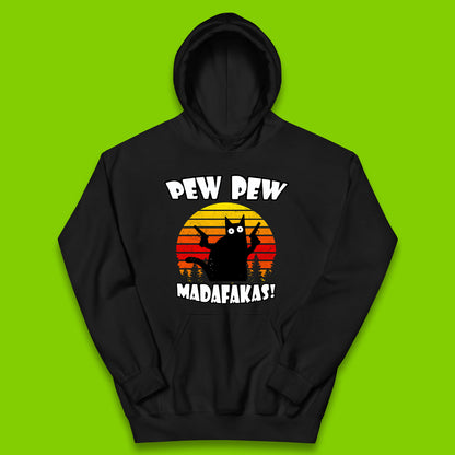 Pew Pew Madafakas Funny Joke Retro Vintage Cat Gun Pistol Kitty Pew Pew Cat Meme Kids Hoodie