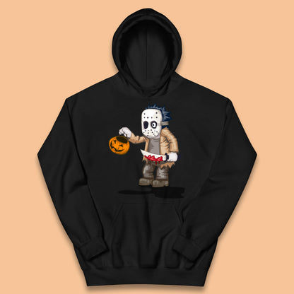 Chibi Jason Voorhees Holding Bloody Knife And Pumpkin Bucket Halloween Friday The 13th Horror Movie Kids Hoodie