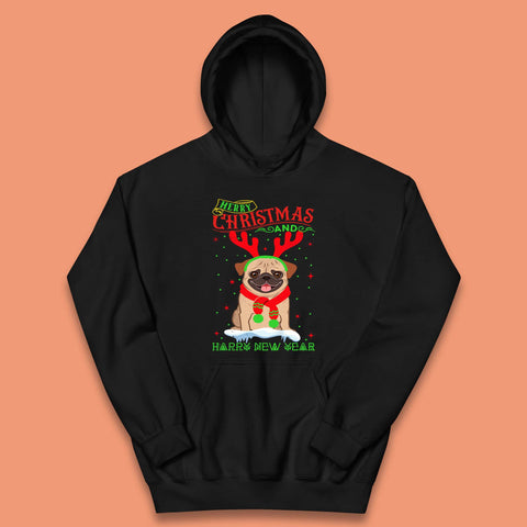 Merry Christmas And Happy New Year Pug Dog Wearing Red Scarf And Antlers Xmas Dog Lovers Kids Hoodie
