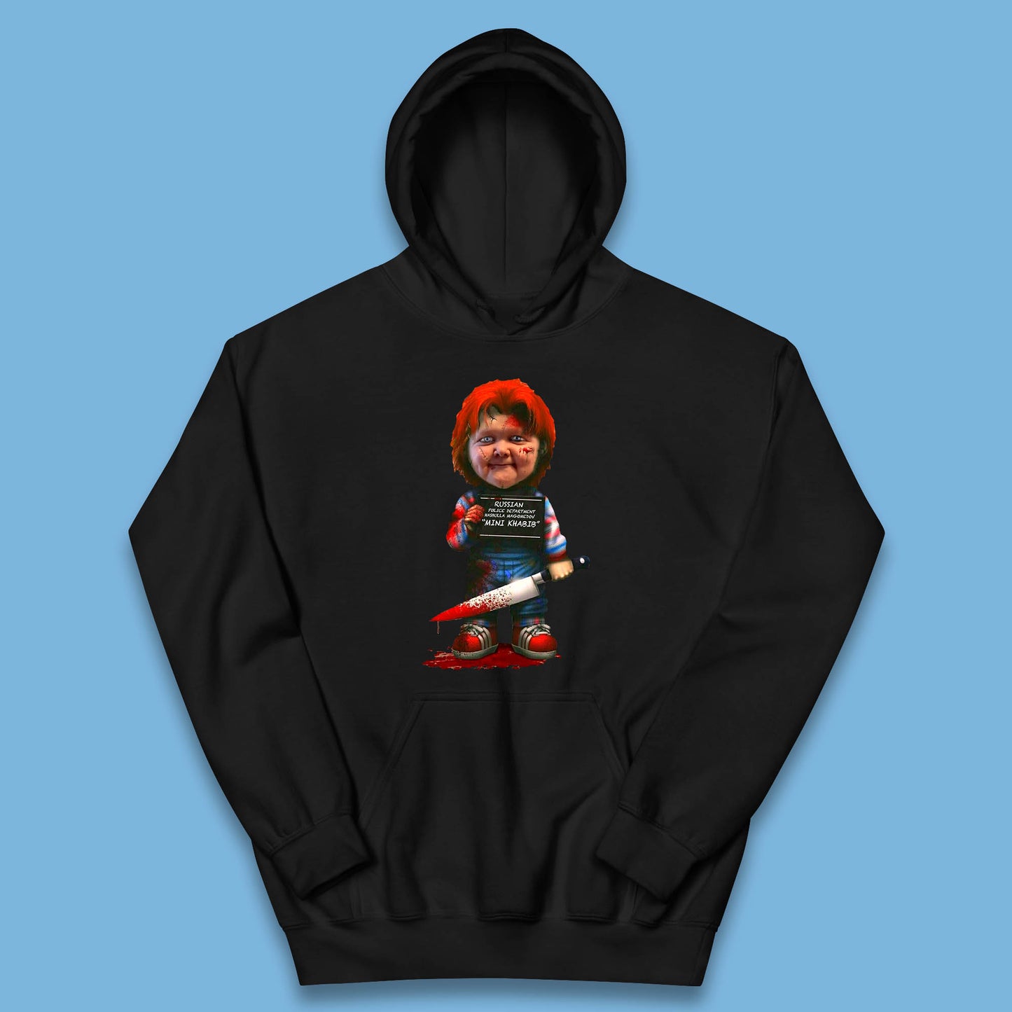 Chucky Mug Shot Russian Police Dept Hasbulla Magomedov Chucky Mini Khabib Inspired Halloween Horror Movie Good Guy Chucky Kids Hoodie