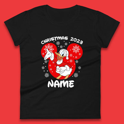 Personalised Christmas 2023 Your Name Santa Donald Duck And Daisy Duck Xmas Disney Mickey And Friends Womens Tee Top