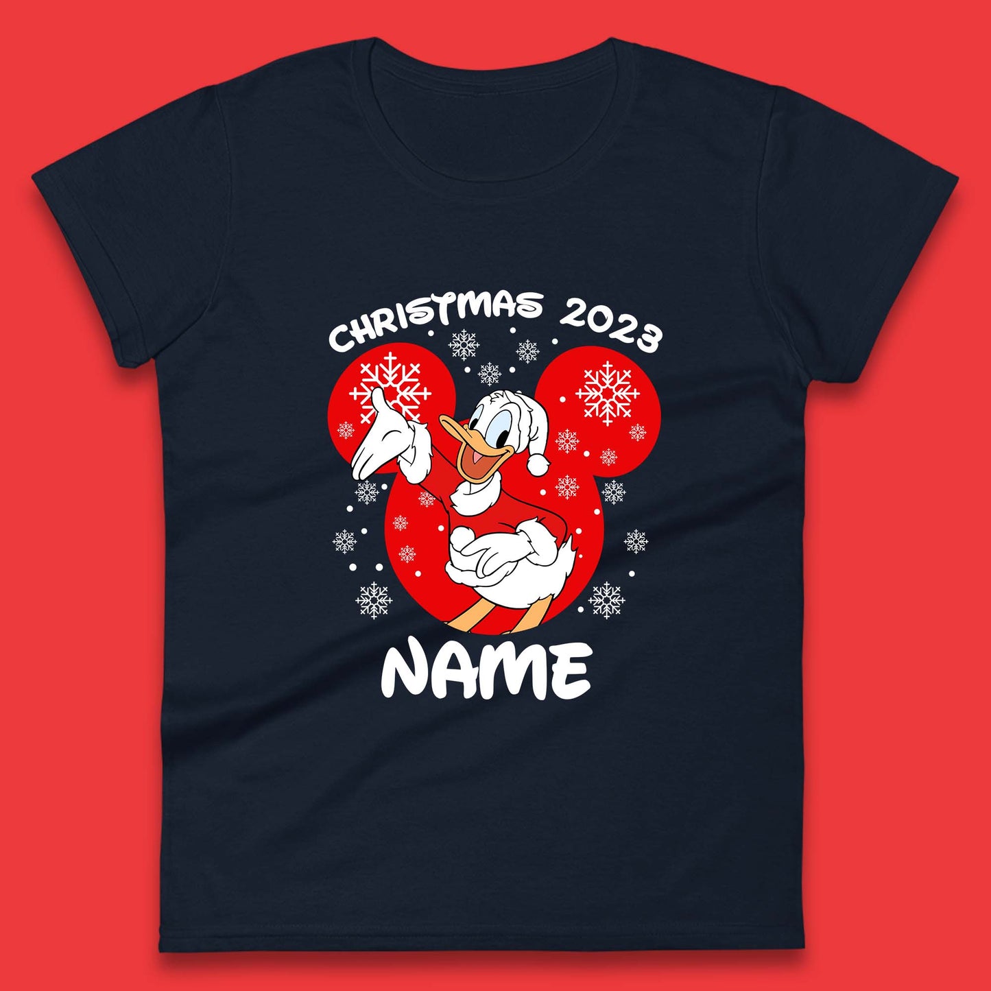 Personalised Christmas 2023 Your Name Santa Donald Duck And Daisy Duck Xmas Disney Mickey And Friends Womens Tee Top