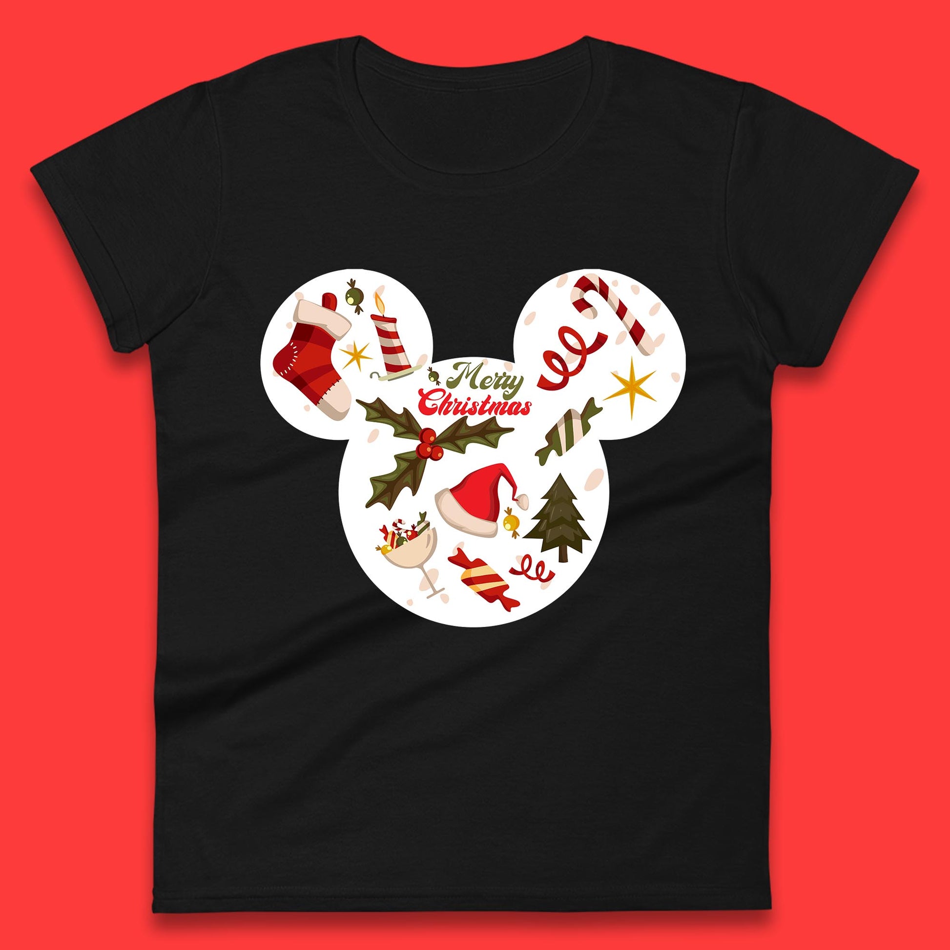 merry christmas disney mickey mouse head womens t shirt