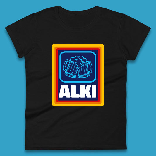 Alki Aldi Drink Pub Beer Joke Funny Parody Novelty Gift Womens Tee Top