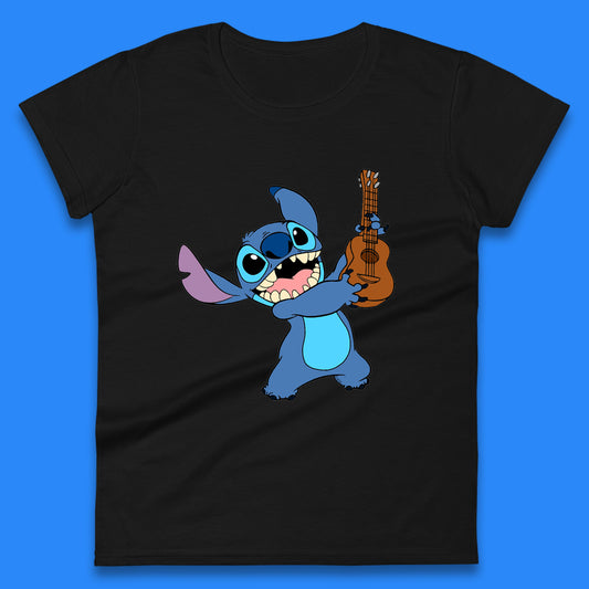 Disney Ohana Playing The Guitar Ohana Lilo & Stitich In Happy Mood Cartoon Character Disney World Womens Tee Top