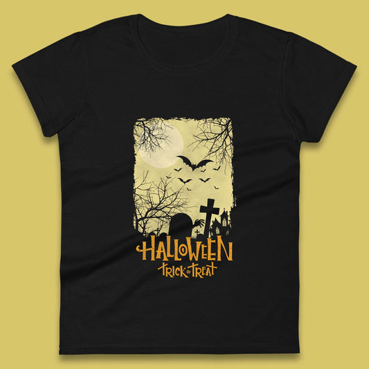 Halloween Trick Or Treat Horror Scary Graveyards Flying Bats Full Moon Womens Tee Top