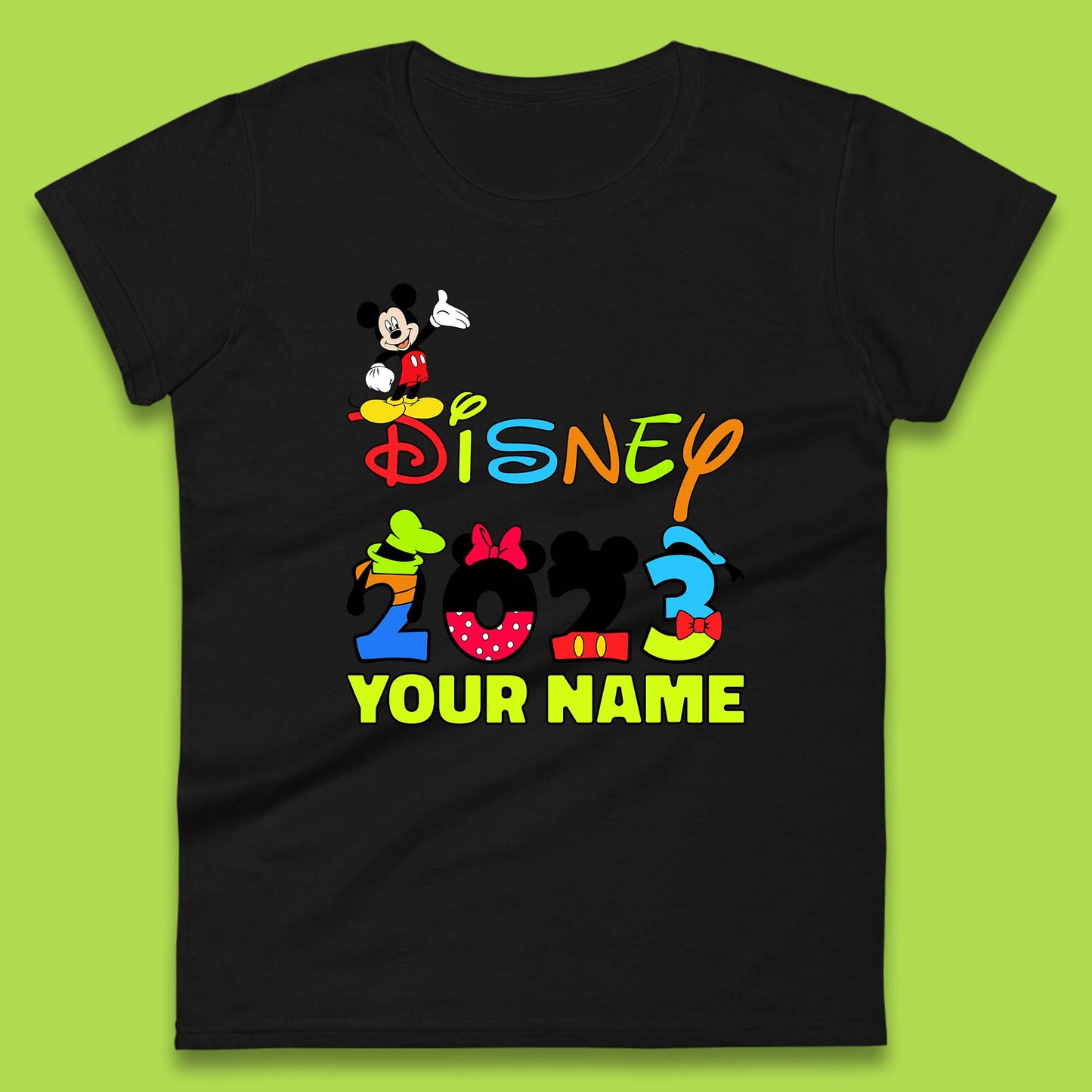 Personalised Disney 2023 Disney Club Your Name Mickey Mouse Minnie Mouse Donald Duck Pluto Goofy Cartoon Characters Disney Vacation Womens Tee Top