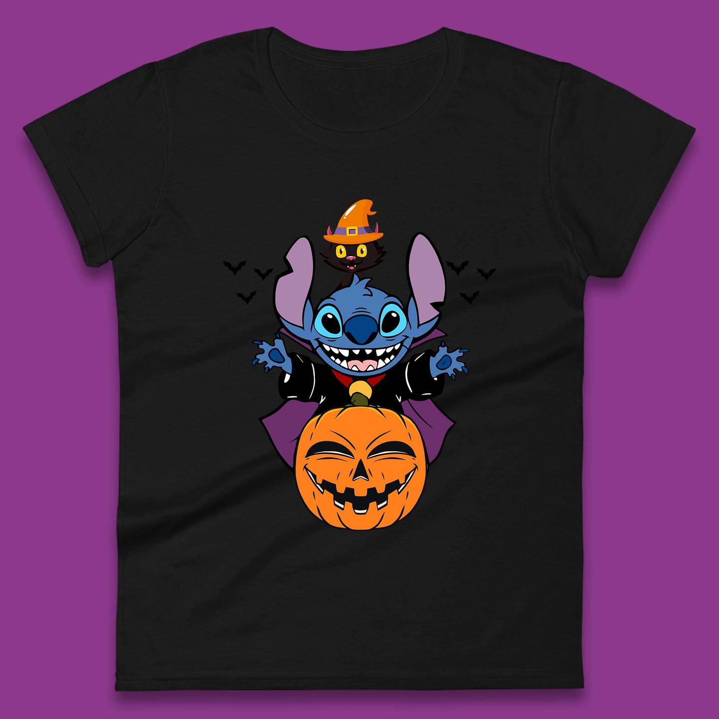 Disney Halloween Pumpkin Devil Stitch With Black Cat Horror Scary Disney Lilo & Stitch Womens Tee Top