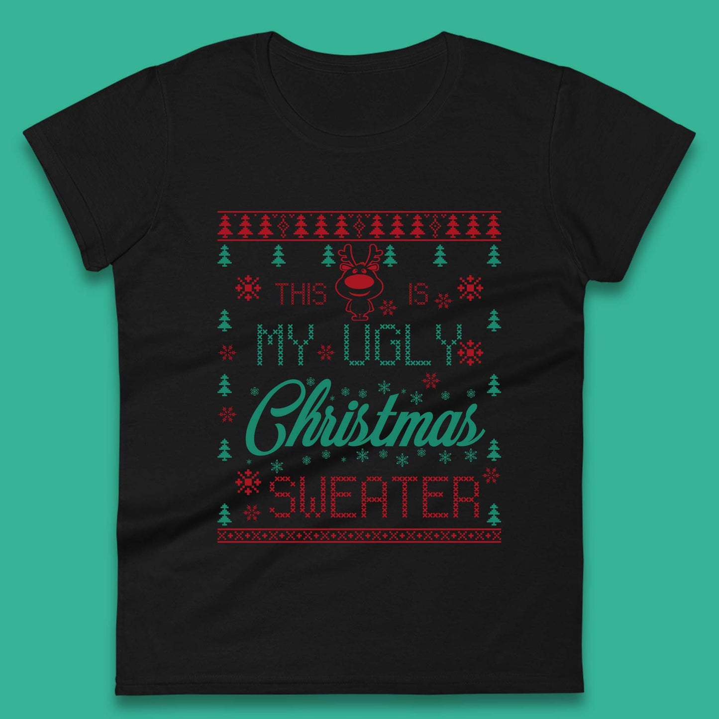 Ugly Christmas Sweater Reindeer Womens T-Shirt