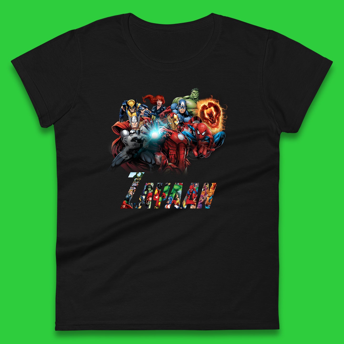 Personalised Marvel Avengers Super Heroes Movie Characters Spider Man, Black Widow, Hulk, Iron Man, Thor, Captain America Avengers Squad Womens Tee Top