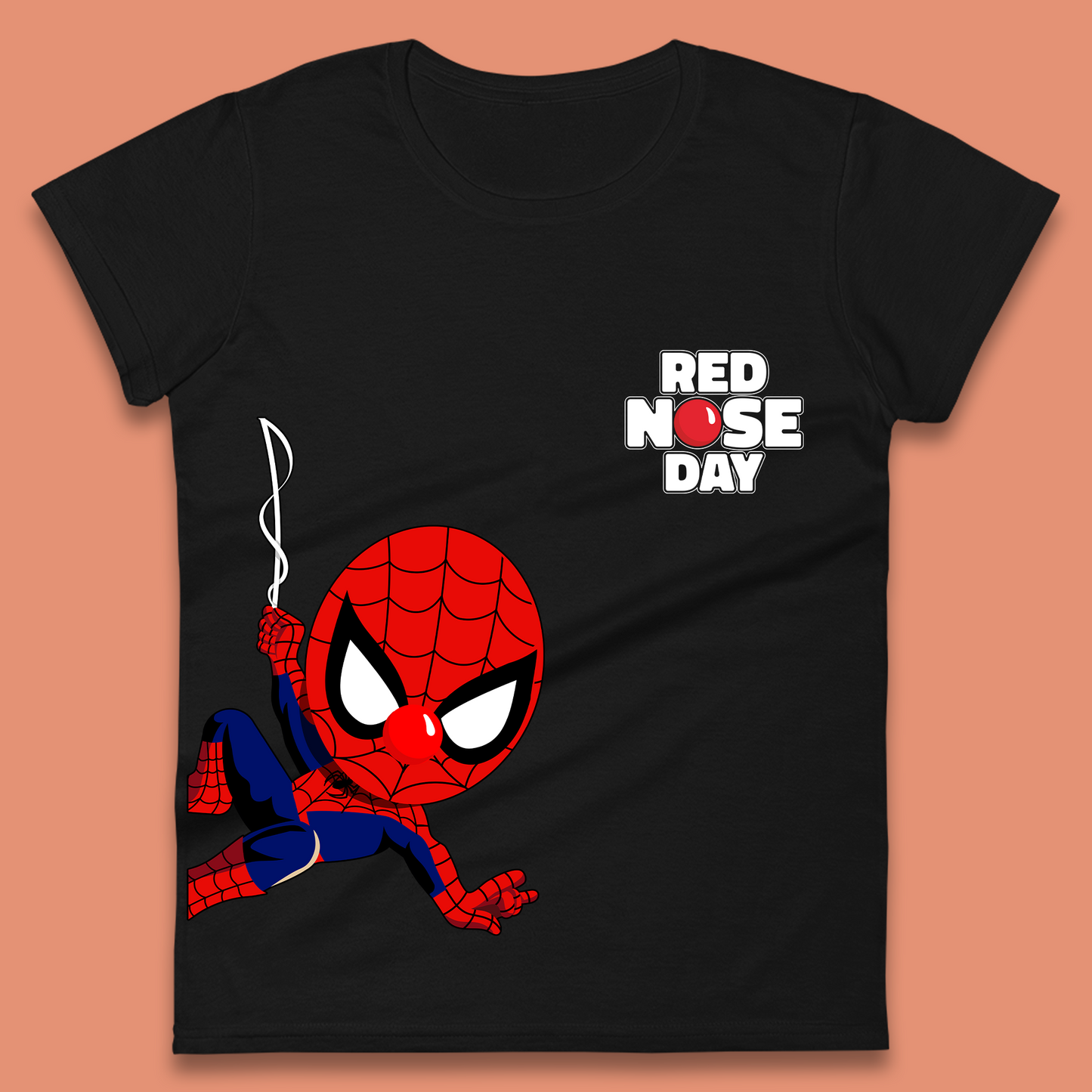 Spider Man Peeking Red Nose Day Womens T-Shirt