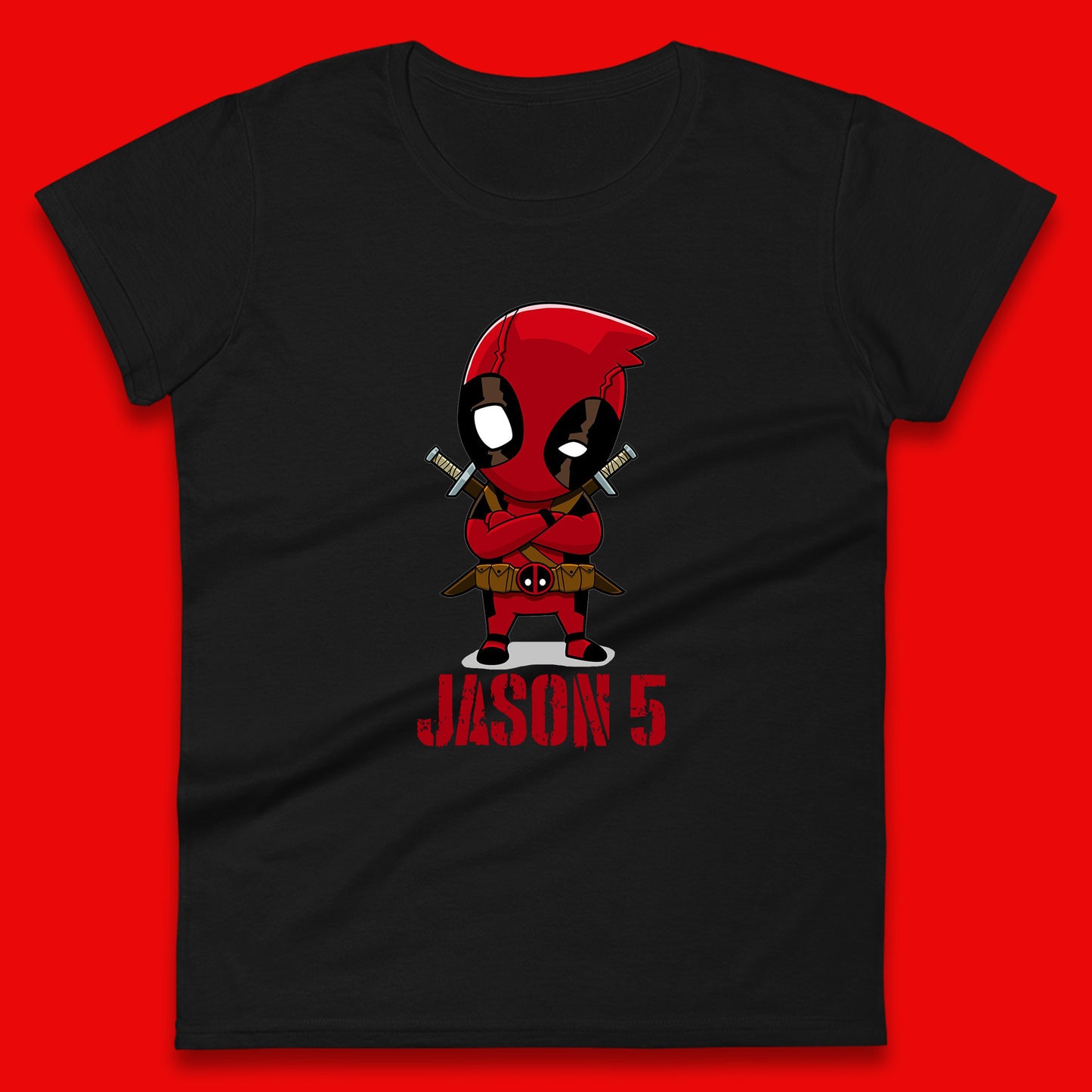 Personalised Chibi Deadpool Fictional Character Your Name & Age Superhero Comic Book Character Deadpool Marvel Comics Womens Tee Top