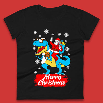 Santa Claus Riding T-Rex Christmas Womens T-Shirt