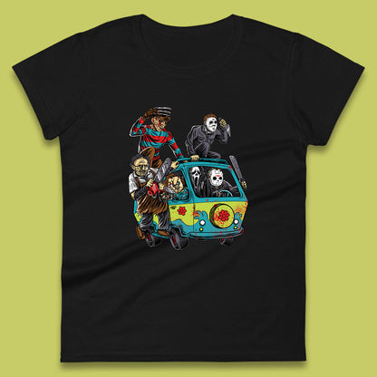 Halloween Scooby Doo Friends Van Horror Movie Villians Characters Mystery Machine Womens Tee Top