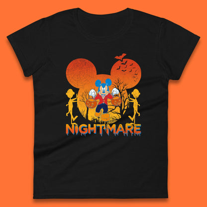 Halloween Nightmare Disney Mickey Mouse Holding Pumpkin Bucket Horror Scary Disneyland Trip Womens Tee Top