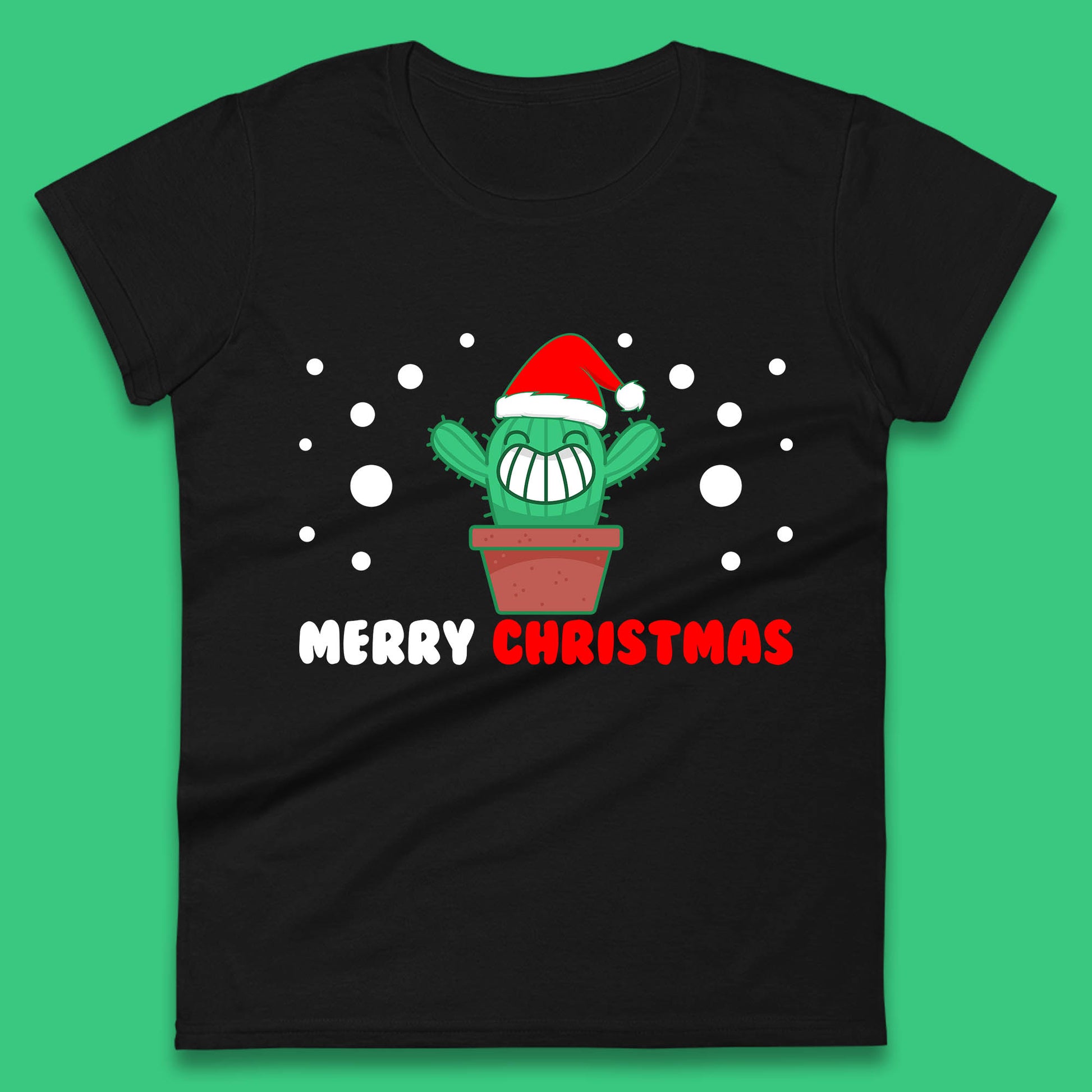 merry christmas little cactus with santa hat womens t shirt