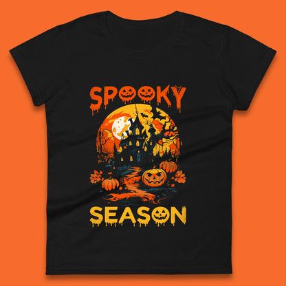 Spooky Season Happy Halloween Full Moon Dark Night Haunted House Womens Tee Top