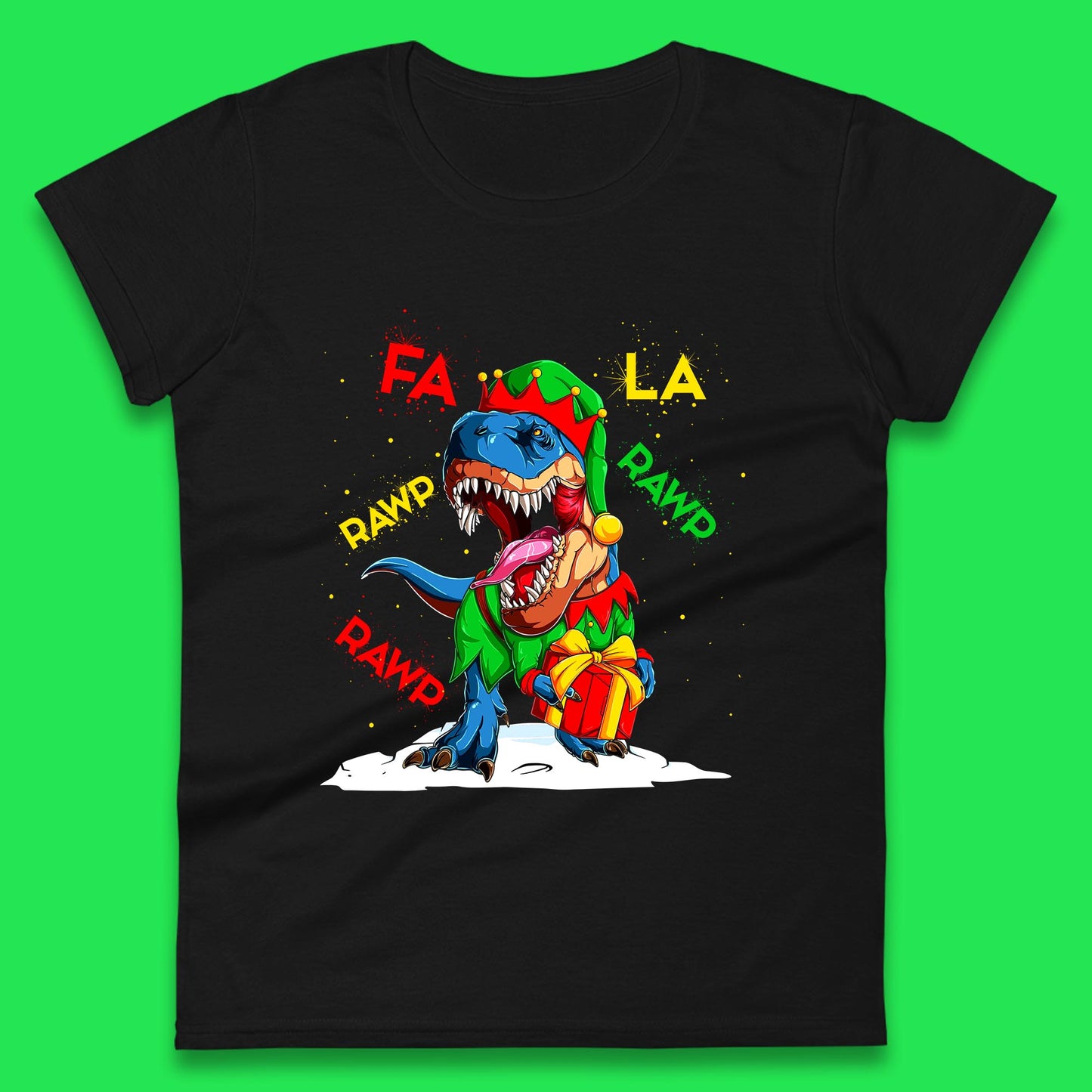 Fa La Rawr Rawr Christmas Dinosaur Wearing Elf Costume & Holding Gifts Xmas T-Rex Womens Tee Top