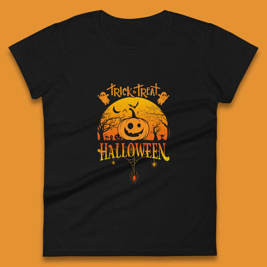 Trick Or Treat Halloween Pumpkin Haunted Trees Scary Spooky Season Womens Tee Top