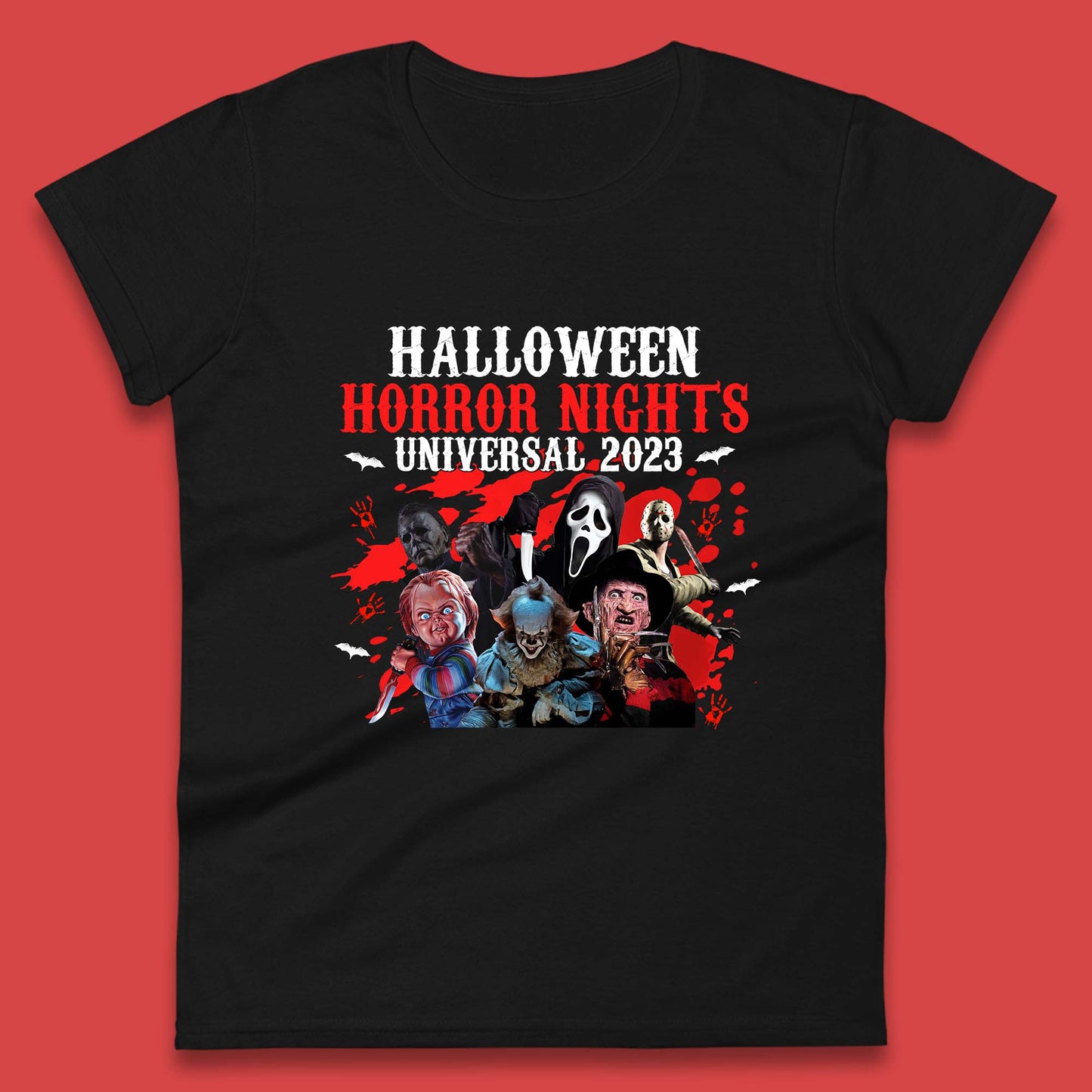 Halloween Horror Nights Universal 2023 Halloween Horror Movie Characters Friends Halloween Serial Killers Womens Tee Top