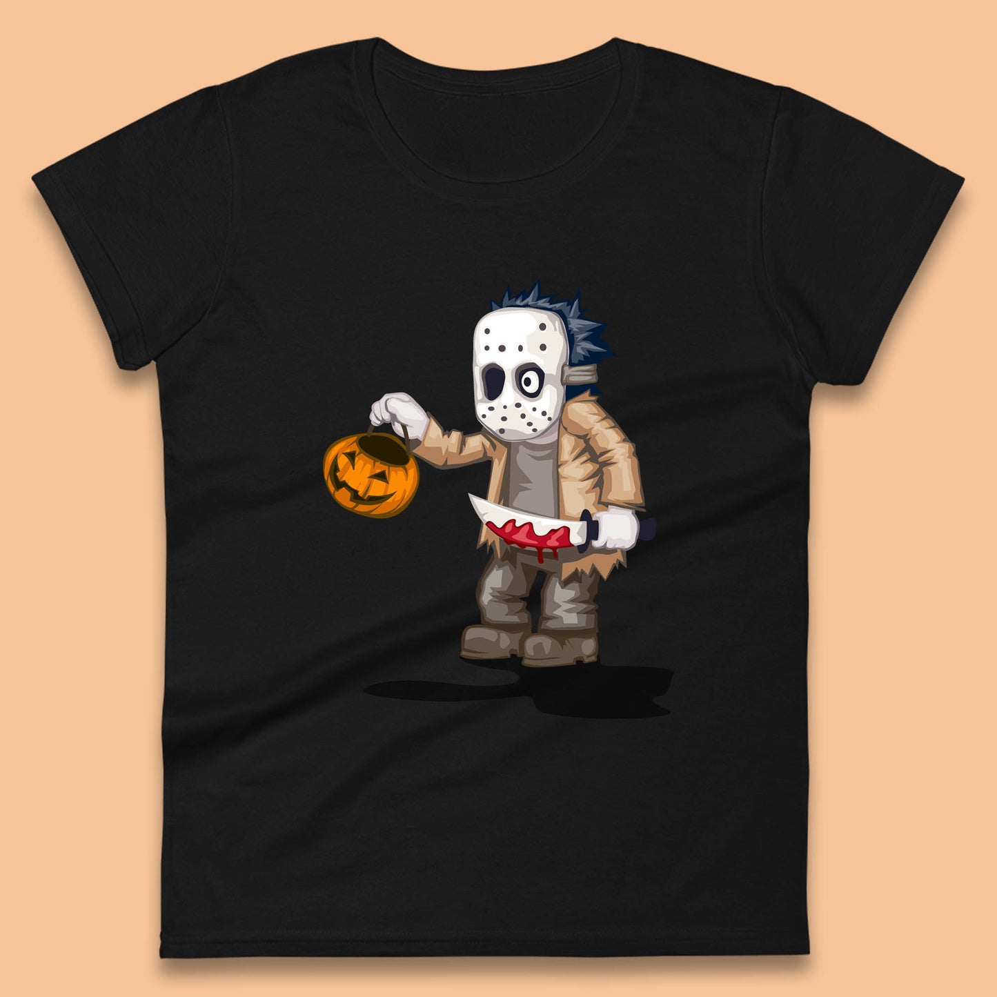 Chibi Jason Voorhees Holding Bloody Knife And Pumpkin Bucket Halloween Friday The 13th Horror Movie Womens Tee Top