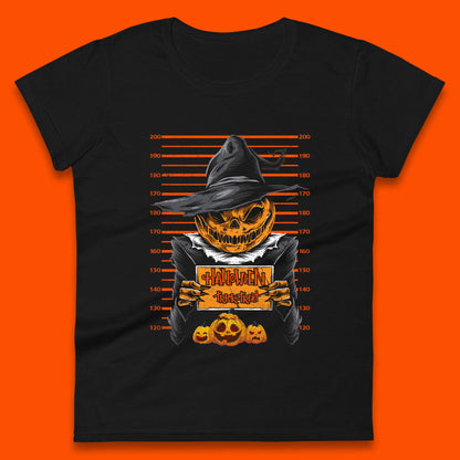 Halloween Trick Or Treat Scarecrow Mugshot Pumpkin Head Witch Hat Horror Scary Womens Tee Top